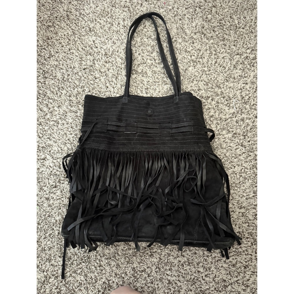 Lalla Marrakech Black Suede Fringe Tote Bag Boho Shoulder Bag Camo Lining